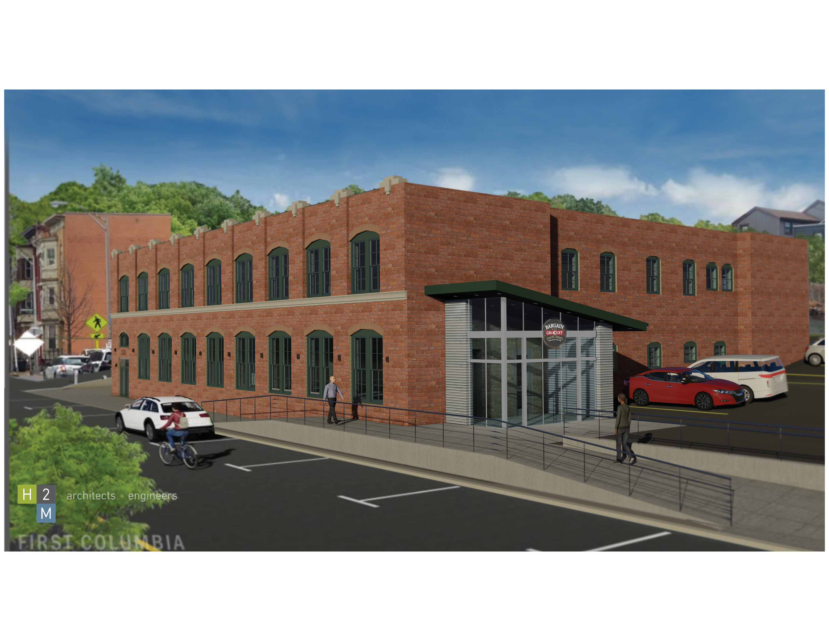 Exterior rendering of an urban grocery store