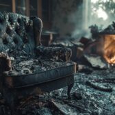 A chair is burned and surrounded by debris. The chair is black and has a black cushion. The room is in a state of destruction, with a fireplace in the background. Scene is one of devastation and loss